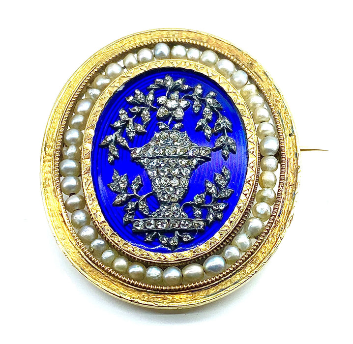 Broche Broche en or jaune , perles fines, diamants, émail bleu vers 1860 58 Facettes AB440