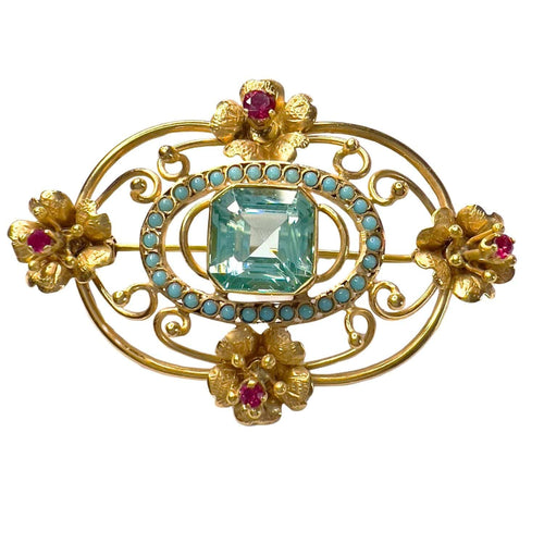 Broche BROCHE DU DÉBUT DU XXE SIÈCLE, ÉPOQUE 1900-1910, avec TURQUOISE et SPINELLE SYNTHÉTIQUE 58 Facettes Q341B