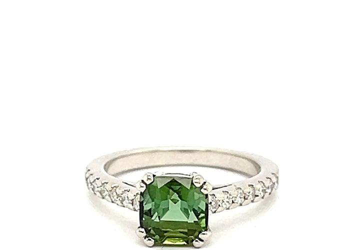 Bague 53 Bague Or Blanc 18 Carats Tourmaline Taille Coussin et Diamants 58 Facettes