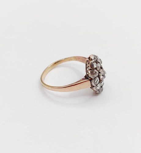 Bague 54 Bague marquise antique en or rose 18k et argent, diamant et diamants roses 58 Facettes A06417