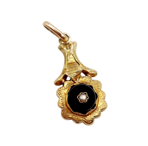Pendentif Pendentif victorien fleur or jaune 18k onyx et perle (circa 1900) 58 Facettes A06038