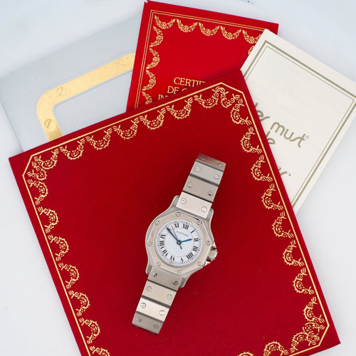 Montre Cartier - Montre Santos Octagone cadran ivoire chiffres romains en acier 58 Facettes