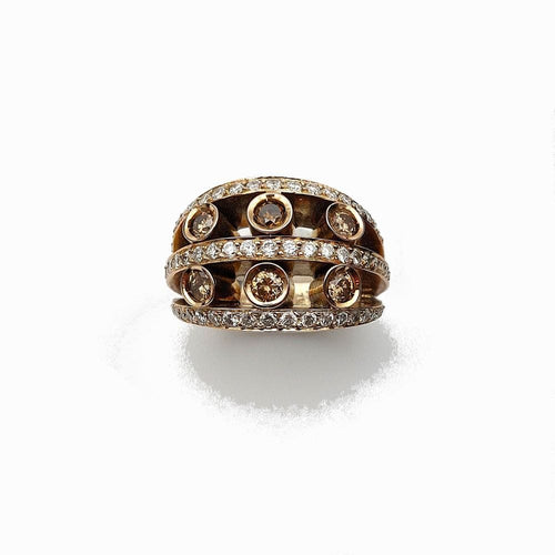 Bague 53 Bague boule "Vulcania" - diamants cognac et blancs, or rose - Epoque moderne 58 Facettes 207