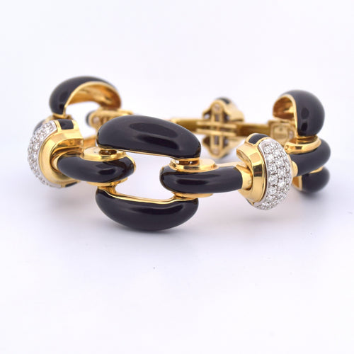 Bracelet David Webb - Bracelet à mailles en or jaune 18k, smalto nero et diamants 58 Facettes BR112