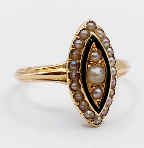Bague 51 Bague marquise victorienne or rose 18k perles et émail noir (circa 1890) 58 Facettes A06200