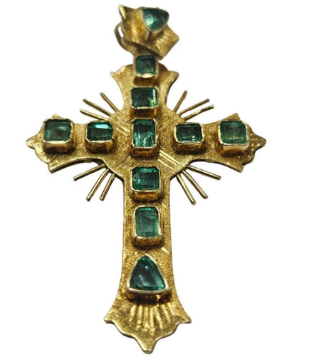 Bague Bague croix de style colonial avec émeraudes colombiennes de 2 ct en or jaune 58 Facettes Q402B