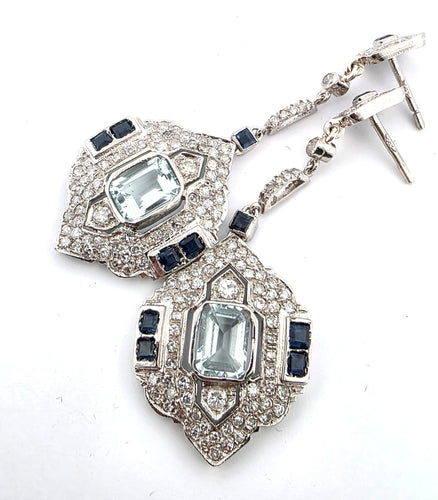 Boucles d'oreilles Boucles d'oreilles en platine avec saphirs carrés et diamants 58 Facettes