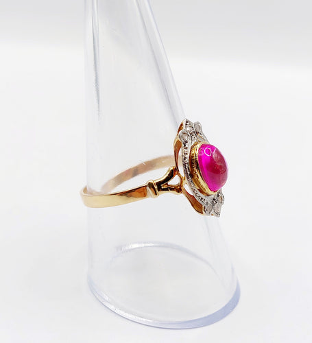 Bague marquise style Art Nouveau or jaune, cabochon de rubis synthétique et diamants taille rose 58 Facettes A05885