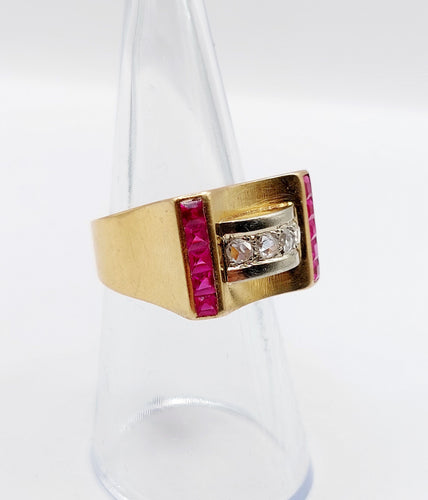 Bague 52 Bague tank Art déco en or rose 18k avec diamants et rubis synthétiques 58 Facettes A06536