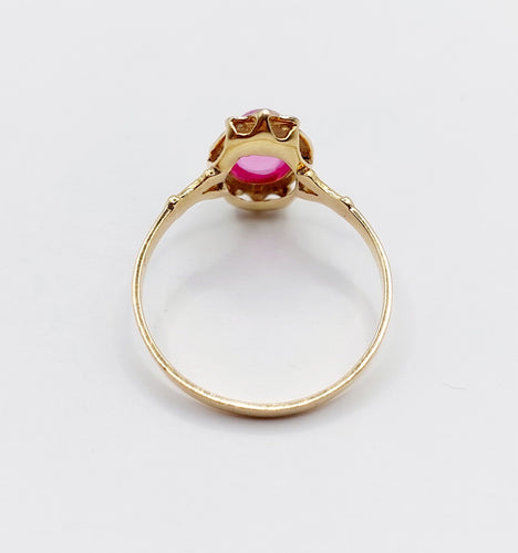 Bague marquise style Art Nouveau or jaune, cabochon de rubis synthétique et diamants taille rose 58 Facettes A05885