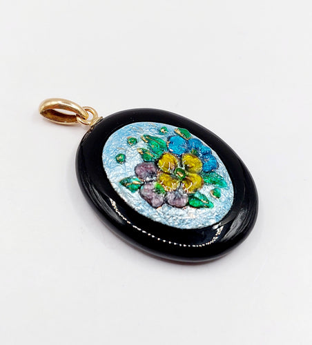 Pendentif Pendentif vintage or rose 18k onyx et plaque émaillée fleurie 58 Facettes A06188