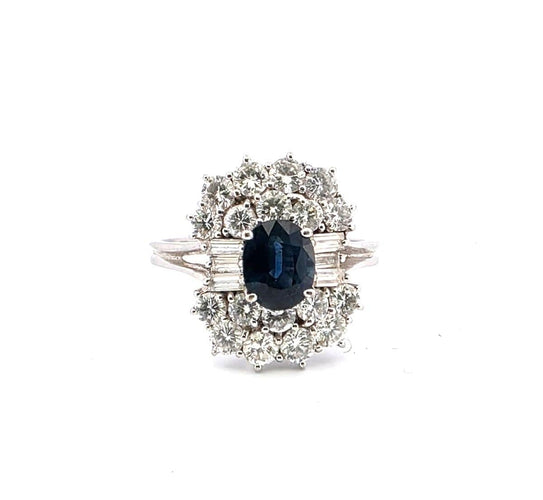 Superb vintage ring in white gold, sapphire and diamond 