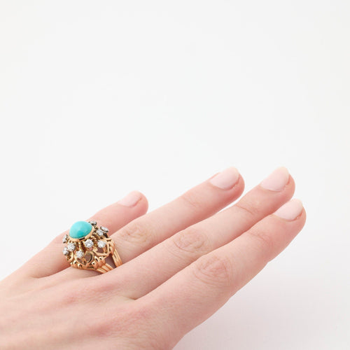 Bague 53 Bague Rétro Dôme Or Jaune Turquoise Diamants 58 Facettes