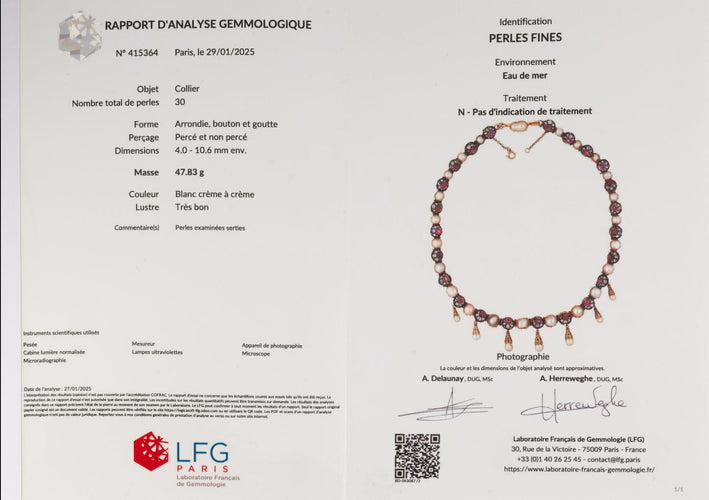 Collier Collier rivière en or et argent, diamants, rubis, perles fines - Vers 1870 Second Empire - Certificat LFG 58 Facettes A3148
