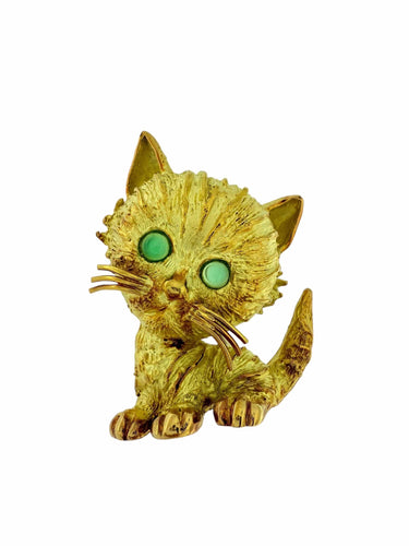 Broche Broche italienne rétro en forme de chat en or rose, blanc et jaune avec émeraudes 58 Facettes