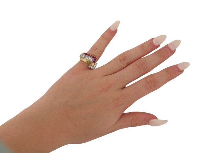Bague 50 bague tank art deco sertie diamants 1.1ct rubis t50 en or jaune platine 8gr 58 Facettes 269295