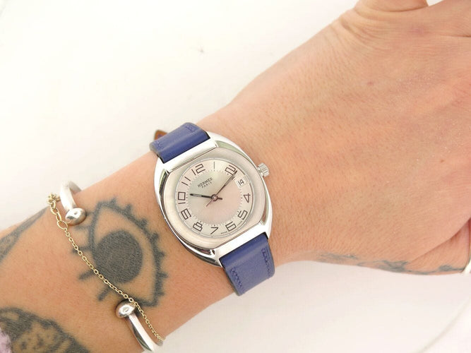 Montre vintage montre HERMES espace es2.210 quartz 33 mm acier cuir +pochon blue 58 Facettes 270283