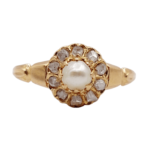 Bague 48.5 Bague marguerite antique or rose 18k perle et diamants taille roses (circa 1900) 58 Facettes A06176