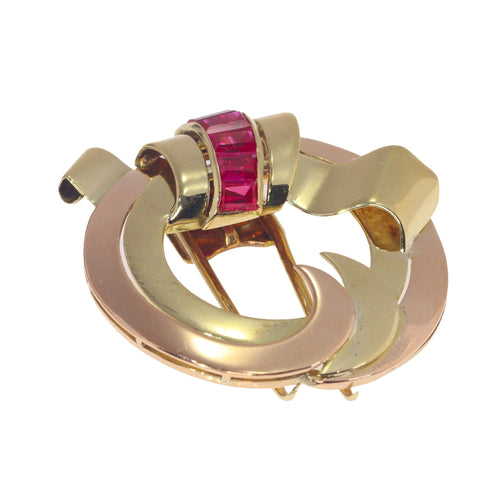 Broche Broche vintage rétro en or bicolore 18 carats sertie de rubis 58 Facettes 22166-0003