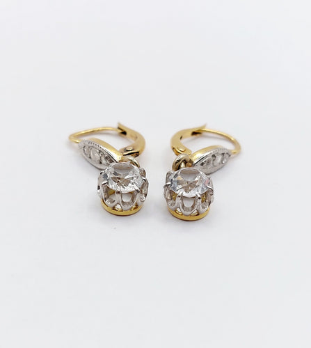 Boucles d'oreilles Dormeuses or jaune, spinelles blanc synthétiques et diamants taille rose (circa 1920) 58 Facettes A06245