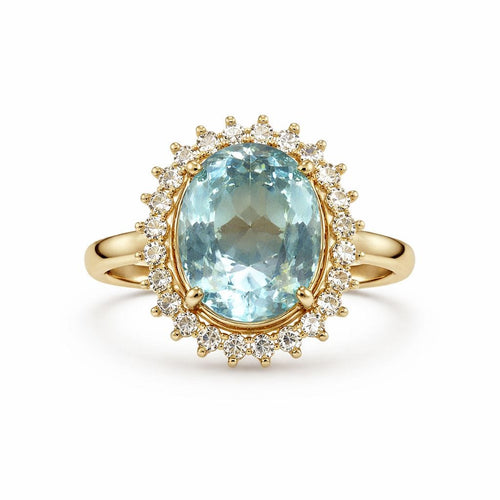 Bague 55 Bague en or jaune de haute joaillerie ornée d'une aigue-marine et d'un halo de diamants 58 Facettes 50357