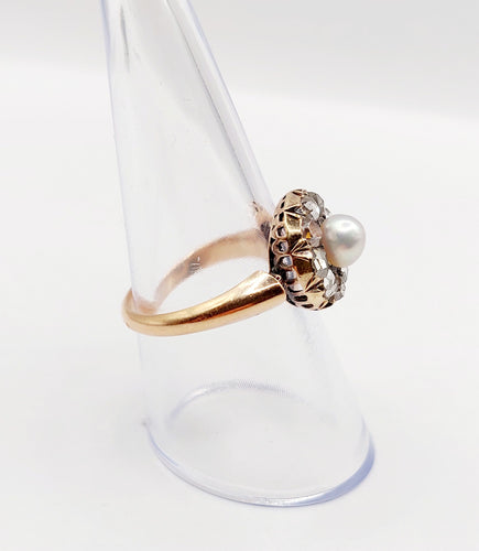 Bague 55 Bague marguerite antique en or rose 18k avec perle et diamants taille roses 58 Facettes A06463