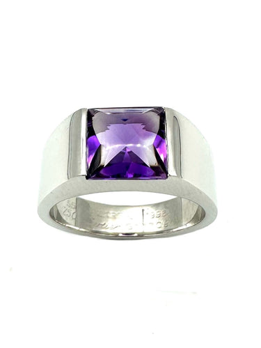 Bague 55 CARTIER. Collection "Tank", bague or blanc et améthyste 58 Facettes
