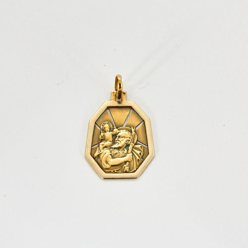 Pendentif Médaille ancienne octogonale St Christophe en or jaune et blanc 58 Facettes