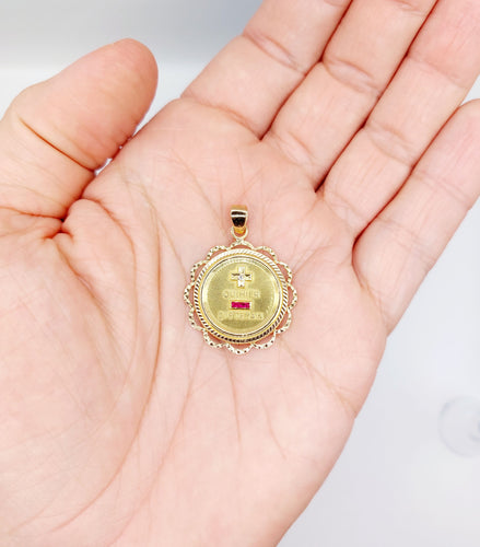 Pendentif RARE Pendentif AUGIS médaille d'amour 26 mm or rose 18k orné de rubis : "+ qu'hier - que demain" (circa 1970) 58 Facettes A05093
