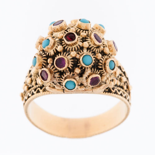 Bague 60.5 Bague Art Déco or jaune 19 carats, turquoise et rubis 58 Facettes