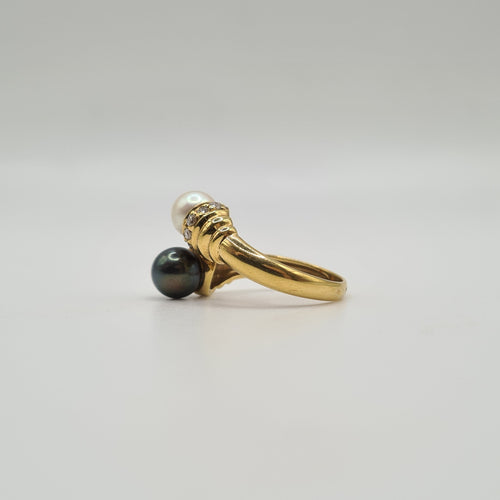 Bague 53 Bague toi & moi or jaune sertie de diamants, perle de culture et perle Tahiti 58 Facettes