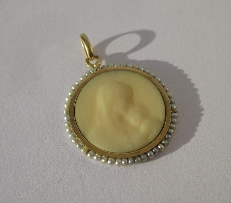 Art Nouveau pendant medal Virgin and Child bone fine pearls