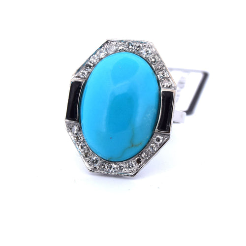 Bague Bague en or blanc avec turquoise et onyx 58 Facettes