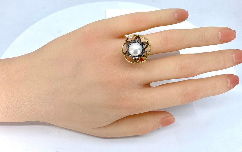 Bague 52 Bague or et argent perle fine et diamants 58 Facettes AB348