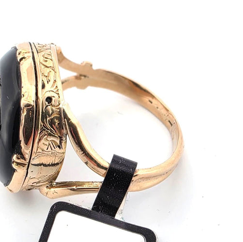 Bague 61 Bague victorienne ancienne en or jaune avec un gros diamant de 3,52 carats et un onyx taillé à la main 58 Facettes