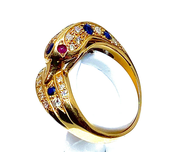 Bague Bague DAUPHIN en or jaune 18 carats, diamants ,saphirs et rubis 58 Facettes AB224