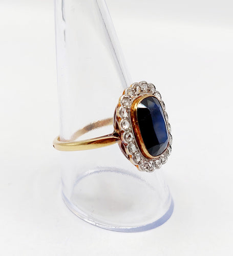 Bague 59 Bague pompadour art deco or jaune 18k pierre bleue et diamant taille rose (circa 1900) 58 Facettes A06202