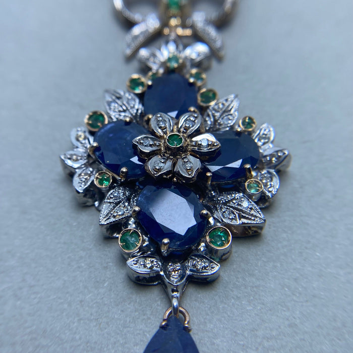 Yellow gold necklace silver diamonds sapphires emeralds