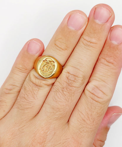 Bague 55 Chevalière antique or jaune monogrammée RC 58 Facettes A05722
