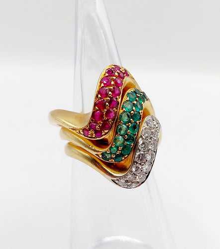 Bague 49 Trilogie de Bagues jonc vintage or ornée d'un pavé diamants, émeraude et rubis 58 Facettes A04056-7-8