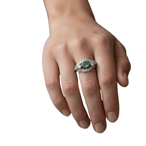 Bague 54 Bague Art-Déco 1930 Platine Emeraude Naturelle et Diamant TA 58 Facettes