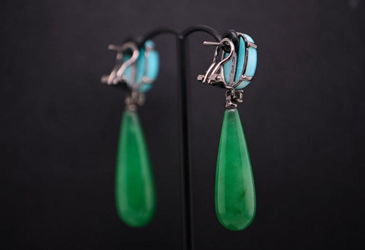 Boucles d'oreilles Boucles d'oreilles en or noir avec embellissements d'amazonite, de jade et de saphir 58 Facettes