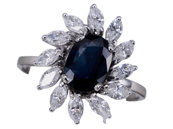 Bague 53 Bague en or blanc Saphir Bleu Ovale et Diamant Marquise 58 Facettes BA-150