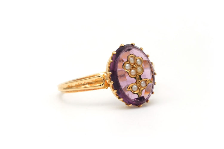 Bague 54 Bague Napoléon III en or jaune sertie d'une améthyste et de perles 58 Facettes 22202