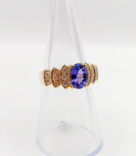 Bague 52 Bague jonc vintage en or 18k tanzanite 1,10 ct et diamants 58 Facettes B01020