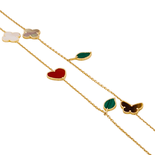 Collier Collier-Sautoir Van Cleef & Arpels, "Lucky Alhambra", or jaune, cornaline, malachite, oeil de tigre, nacre. 58 Facettes 34547