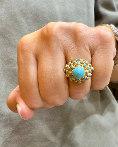 Bague 55 Bague ancienne en or jaune et turquoises 58 Facettes