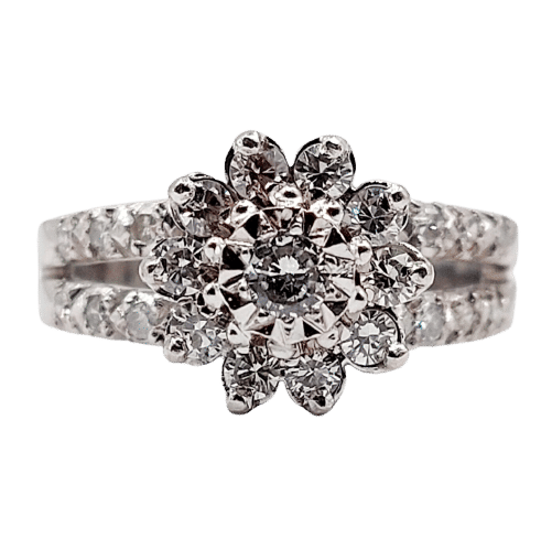 Bague marguerite vintage or blanc, 0,60 carat diamants serti illusion 58 Facettes A06236