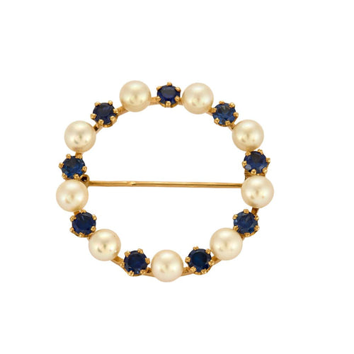 Yellow gold crown brooch, pearls and sapphires