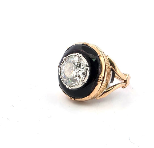 Bague 61 Bague victorienne ancienne en or jaune avec un gros diamant de 3,52 carats et un onyx taillé à la main 58 Facettes
